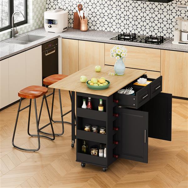 Multi-Functional Kitchen Island Cart with Stylish and Minimalist Bar Stools, Combination Set, Convenient and Practical (Black Kitchen Island + Brown Bar Stools)