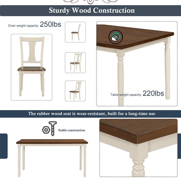 Classic 6-Piece Dining Set Wooden Table and 4 Chairs with Bench for Kitchen Dining Room (Brown+Cottage White)