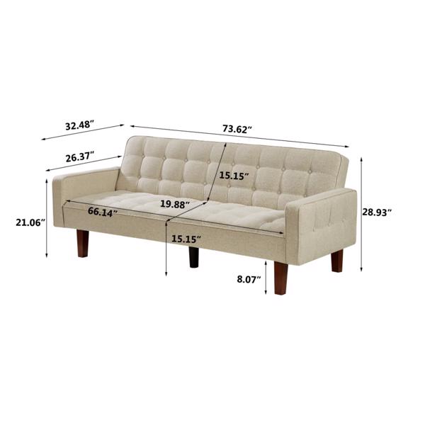 Beige, Linen Futon Sofa Bed 73.62 Inch Fabric Upholstered Convertible Sofa Bed, Minimalist Style for Living Room, Bedroom.