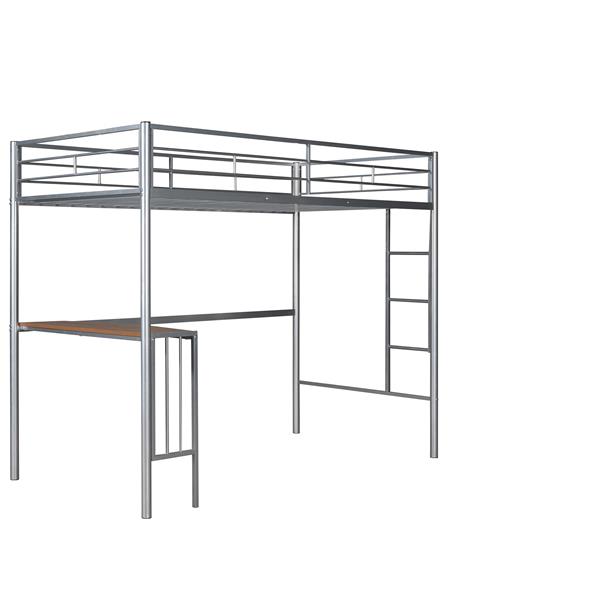 Twin Metal Loft Bed with Desk, Ladder and Guardrails, Loft Bed for Bedroom, Silver