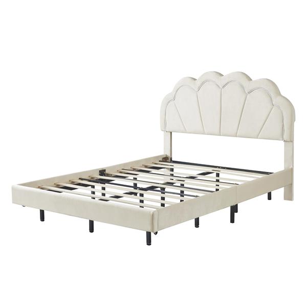 Full Upholstered Smart LED Bed Frame with Elegant Flowers Headboard,Floating Velvet Platform LED Bed with Wooden Slats Support,Beige