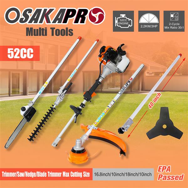 12 in 1 Multi-Functional Trimming Tool, 52CC 2-Cycle Garden Tool System with Gas Pole Saw, Hedge Trimmer, Grass Trimmer, and Brush Cutter EPA Compliant