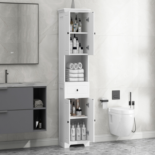 Tall Bathroom Cabinet with Four Doors, Large Storage Space Open Shelve, Upper Storage Cabinet, White 