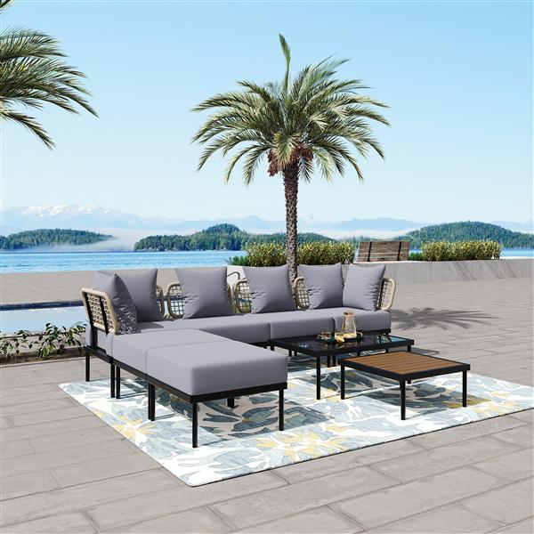 8-Piece Patio Sectional Sofa Set with Tempered Glass Coffee Table and Wooden Coffee Table for Outdoor Oasis, Garden, Patio and Poolside (Light Grey Cushion + Black Steel)