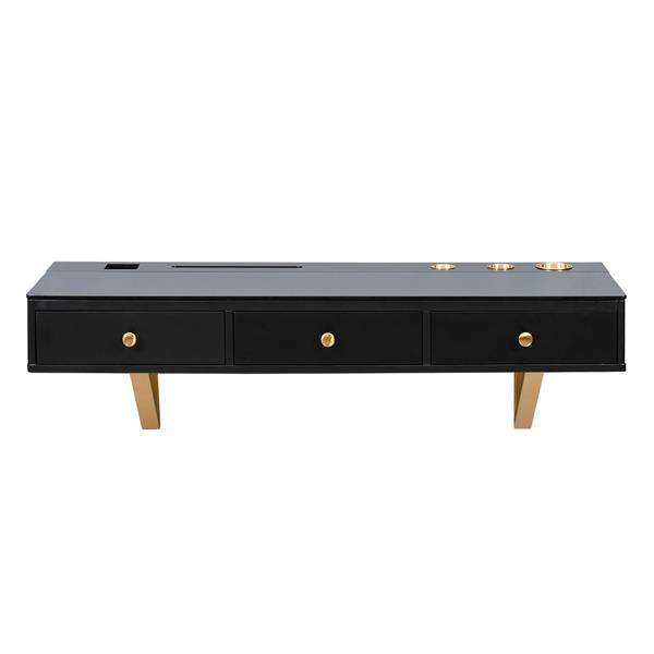 47" Floating Shelf with Drawer, Multi-Purpose Wall-Mounted Vanity Table, Mounted Desk, Floating Table for Bedroom, Bathroom, Hairdressers, Black and Golden