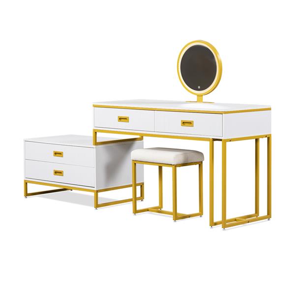 Modern Style Vanity Table With Movable Side Cabinet And 4-Drawers, Large Size Dressing Table With Mirror and 3-colors LED Light, Makeup Table With Stool, White, Golden Legs