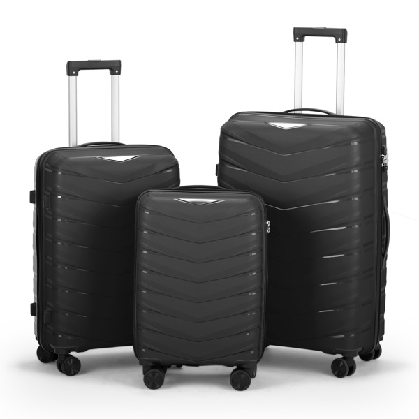 FCH V-striped 3-in-1 PP trolley case 20in 24in 28in PP iron trolley classic color - black (grained pattern)