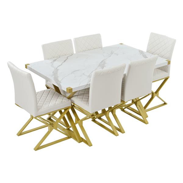 7-Piece Modern Dining Table Set, Rectangular Marble Texture Kitchen Table and 6 PU leather Chairs with X-Shaped ld Steel Pipe Legs for Dining Room (White)