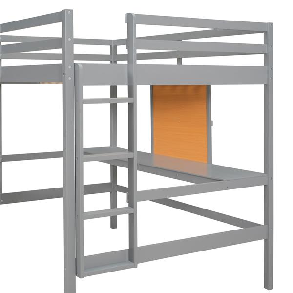 Full size Loft Bed with Desk and Writing Board, Wooden Loft Bed with Desk & 2 Drawers Cabinet- Gray