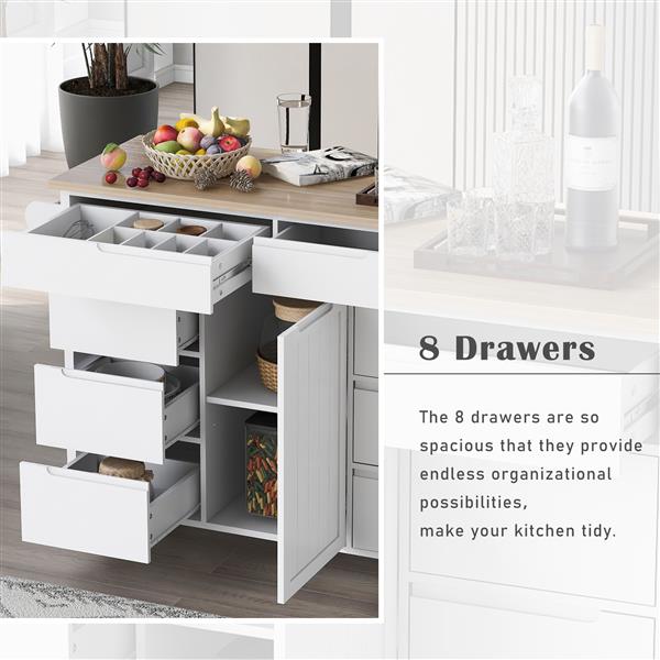 Kitchen Cart with Rubber Wood Countertop , Kitchen Island has 8 Handle-Free Drawers Including a Flatware Organizer and 5 Wheels for Kitchen Dinning Room, White