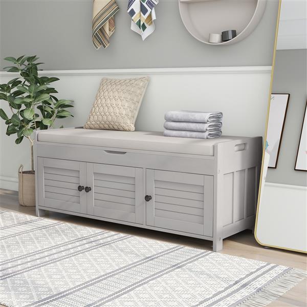 Storage Bench with 3 Shutter-shaped Doors, Shoe Bench with Removable Cushion and Hidden Storage Space (Gray Wash)