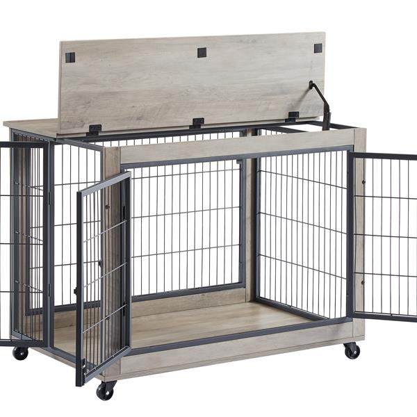 Furniture Style Dog Crate Side Table on Wheels with Double Doors and Lift Top.Grey,38.58''w x 25.5''d x 27.36''h.