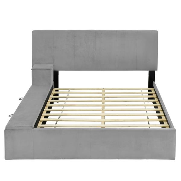 Full Size Upholstered Platform Bed with Lateral Storage Compartments and Thick Fabric, Velvet, Gray