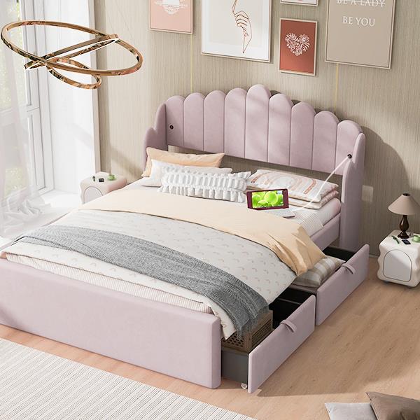 Full Size Upholstered Platform Bed with 4 Drawers and 2 USB, Pink