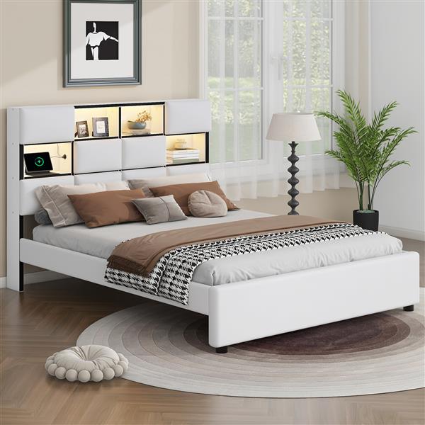 Queen Size Upholstered Platform Bed with LED, Storage and USB, Beige