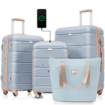 Luggage Sets 4 Piece, 20-inch with USB Port, Expandable ABS Durable Suitcase with Travel Bag,  Cup Holder, ABS Hard Shell Luggage with Spinner Wheels, light blue and golden