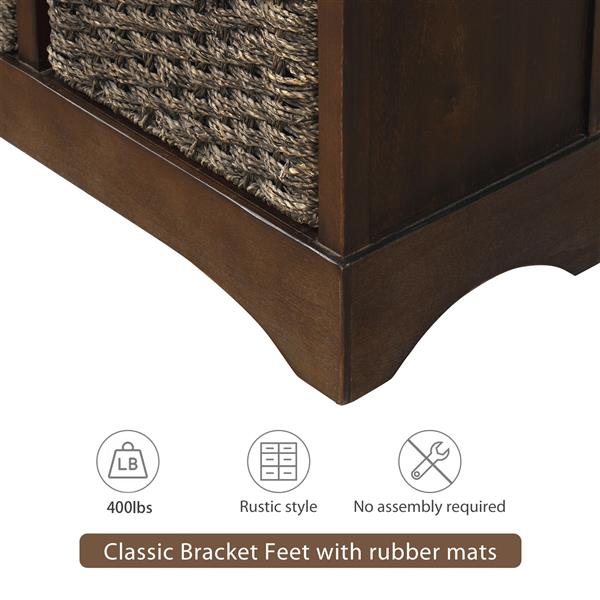 Rustic Storage Cabinet with Two Drawers and Four Classic Rattan Basket for Dining Room/Living Room (Espresso)