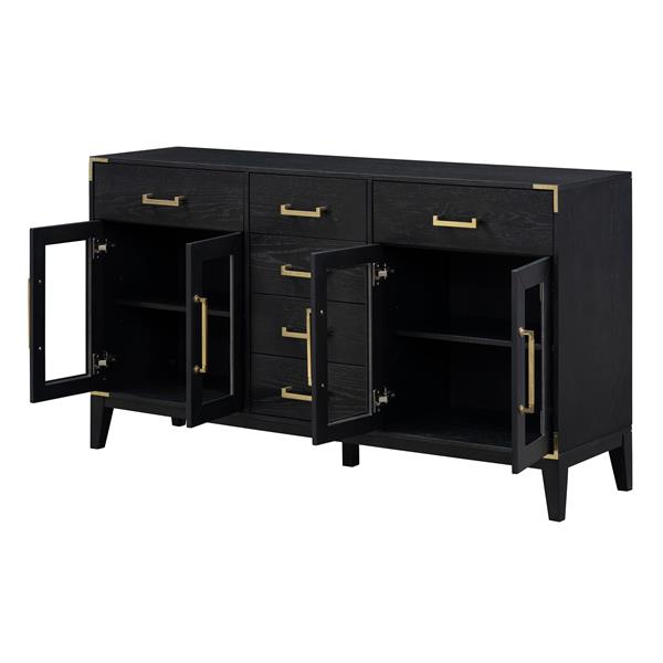 6-drawer and 2-Cabinet Retro Sideboard with Extra Large Storage Space, with ld Handles and Solid Wood Legs, for Kitchen and Living Room (Black)