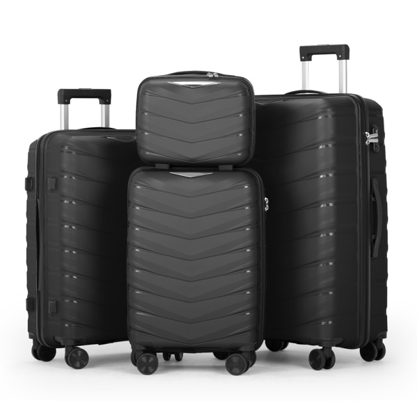 FCH V-striped 4-piece suitcase with PP handbag PP trolley case 14in 20in 24in 28in PP iron trolley classic color - black (grained pattern)