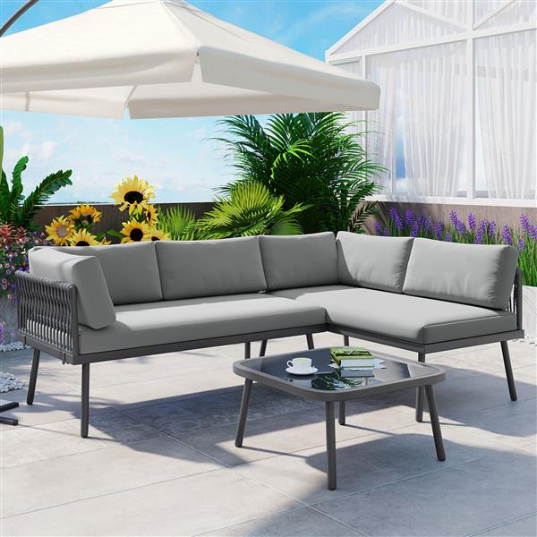 Modern Outdoor 3-Piece PE Rattan Sofa Set All Weather Patio Metal Sectional Furniture Set with Cushions and Glass Table for Backyard, Poolside, Garden, Gray,L-Shaped