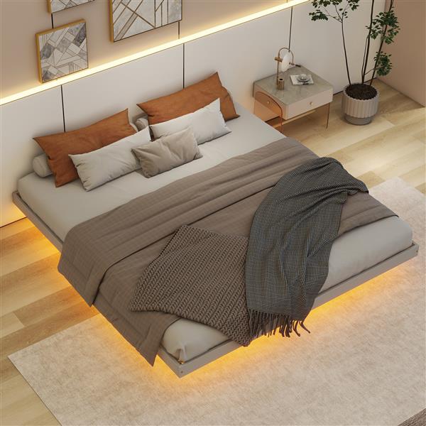 King Size Floating Bed with LED Lights Underneath,Modern King Size Low Profile Platform Bed with LED Lights,Grey