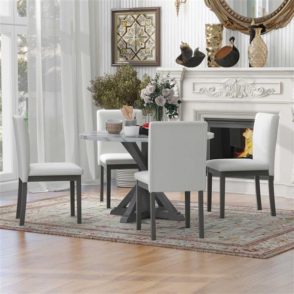 5-Piece Farmhouse Style Dining Table Set, Marble Sticker and Cross Bracket Pedestal Dining Table, and 4 Upholstered Chairs (White+Gray)