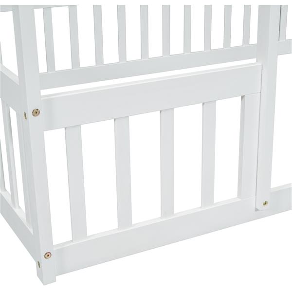 Full Wood House-Shaped Floor Bed with Fence, Guardrails,White