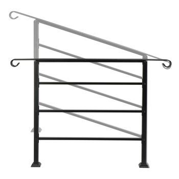 Handrails for Outdoor Steps, Wrought Iron Handrail Fits 1 to 4 Steps, Transitional Handrail with Installation Kit, Black