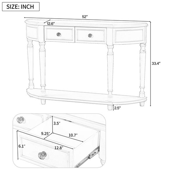 Retro Circular Curved Design Console Table with Open Style Shelf Solid Wooden Frame and Legs Two Top Drawers