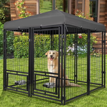 Outdoor Dog Kennel 4.5\\' x 4.5\\' x 4.8\\' with Waterproof Canopy Roof Heavy Duty Metal Dog Cage with Rotating Feeding Door