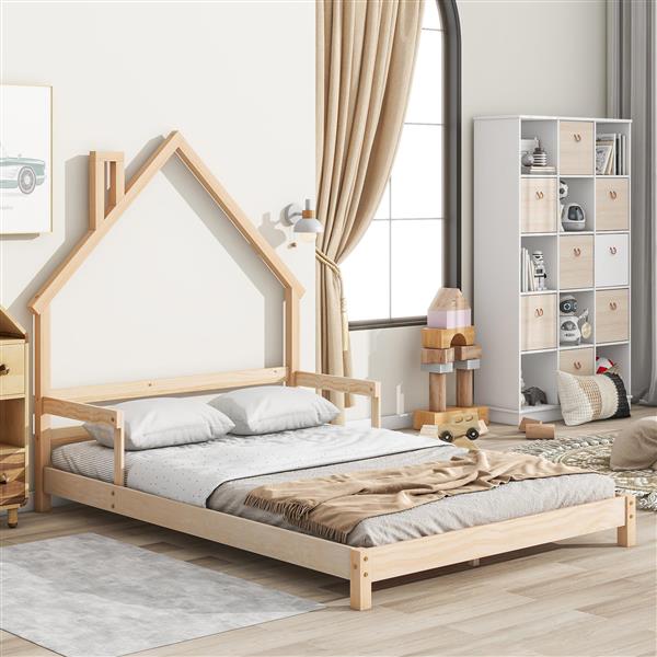 Full House-Shaped Headboard Bed with Handrails ,slats
,Natural