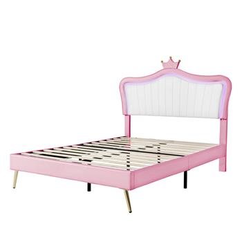 Queen Size Upholstered Bed Frame with LED Lights,Modern Upholstered Princess Bed With Crown Headboard,White+Pink