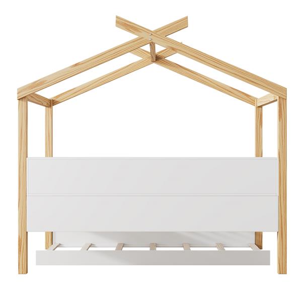 White Full Size Wooden House Bed with Original Wood Colored Frame Twin Size Trundle and Bookshelf Storage Space for Children or Guest Room