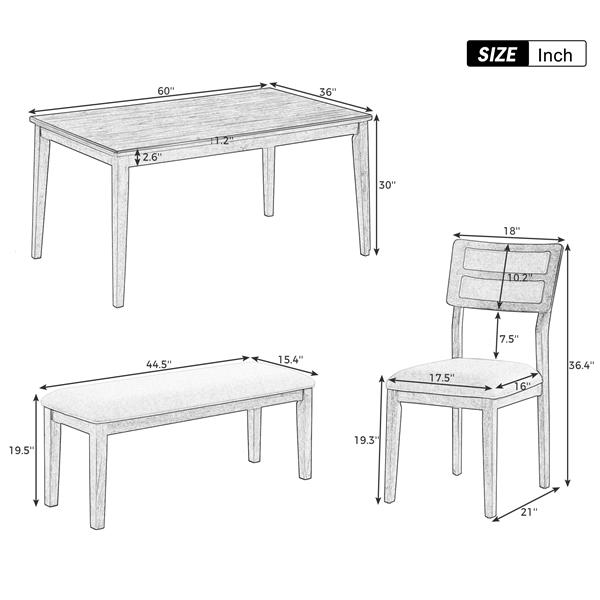 Classic and Traditional Style 6 - Piece Dining Set, Includes Dining Table, 4 Upholstered Chairs & Bench (White+Gray)