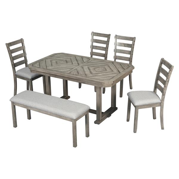 6-Piece Rubber Wood Dining Table Set with Beautiful Wood Grain Pattern Tabletop Solid Wood Veneer and Soft Cushion (Gray)