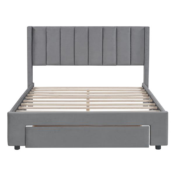 Full Size Storage Bed Velvet Upholstered Platform Bed with a Big Drawer - Gray