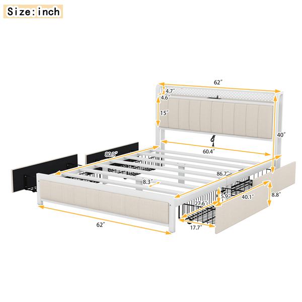 Queen Bed Frame with LED Headboard, Upholstered Bed with 4 Storage Drawers and USB Ports, Beige