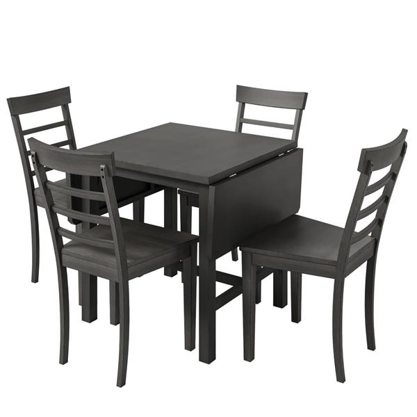 5-Piece Wood Square Drop Leaf Breakfast Nook Extendable Dining Table Set with 4 Ladder Back Chairs for Small Places, Gray