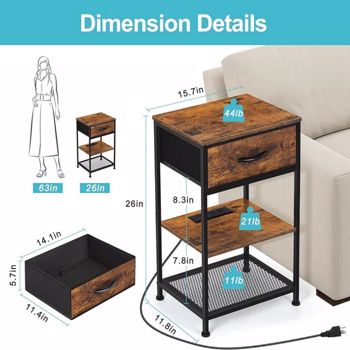 VcJta Modern Nightstand End Table with USB Charging Station Wooden Bedroom Furniture Organizer