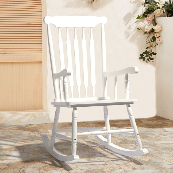 Patio Rocking Chair Solid Wood, Outdoor Porch Rocker Chair with Wooden Frame, Indoor Wooden Rocking Chair for Garden Backyard Balcony, White