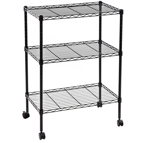 3-Layer Plastic Coated Iron Shelf with 1.5" Plastic Wheels 350*600*850 Black