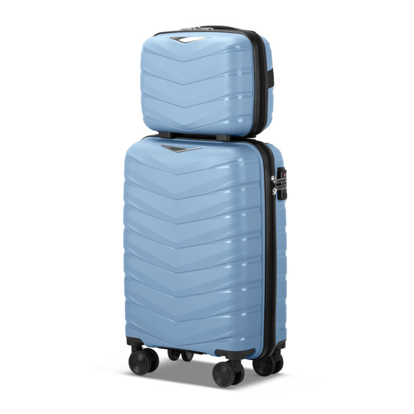 FCH V-shaped stripes 2-piece set with PP handbag PP trolley case 14in 20in PP iron trolley fashionable color - sky blue (grain pattern)