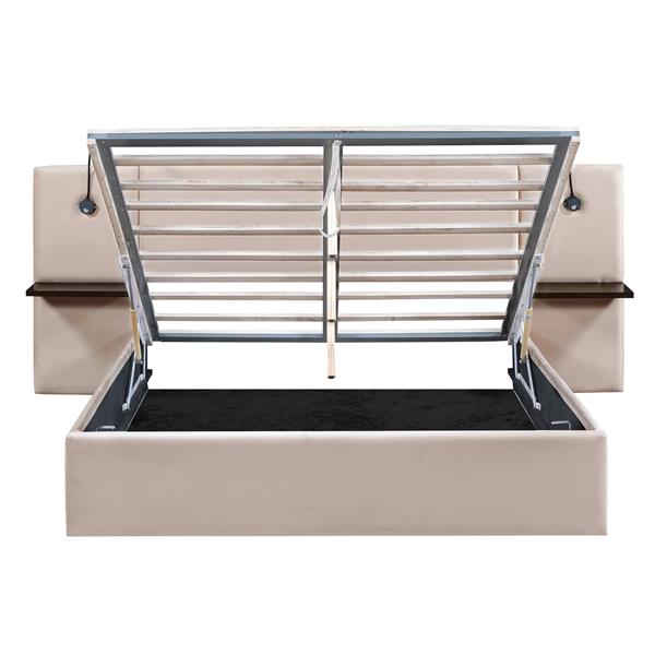 Queen Size Storage Upholstered Hydraulic Platform Bed with 2 Shelves, 2 Lights and USB, Beige