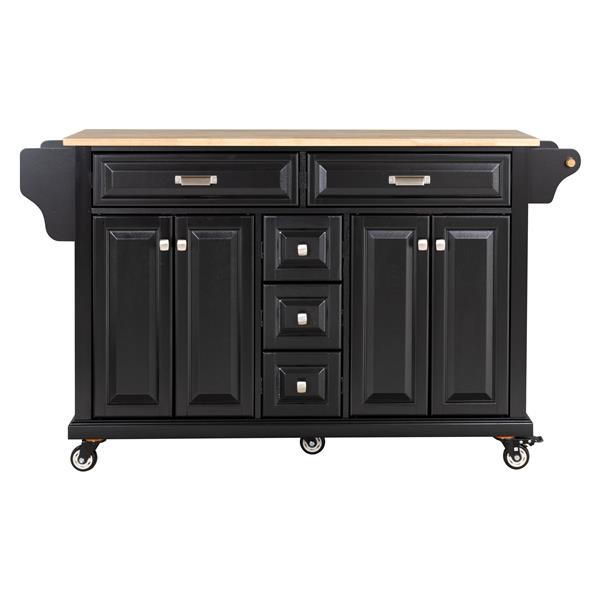 Kitchen Island with Rubber wood Countertop, Kitchen Cart on 5 Wheels with Storage Cabinet and 5 Drawers for Dinning Room, Black