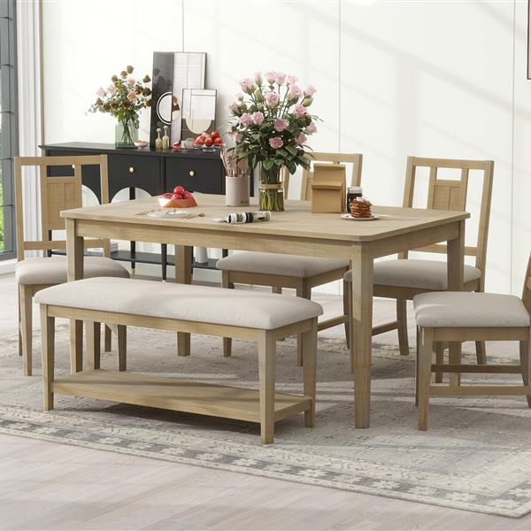 6-piece Retro Dining Set, Minimalist Dining Table and 4 upholstered chairs & 1 bench with a shelf for Dining Room(Natural Wood Wash)