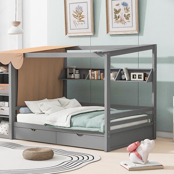 Full size House Bed with Two Drawers and Wardrobe,Gray