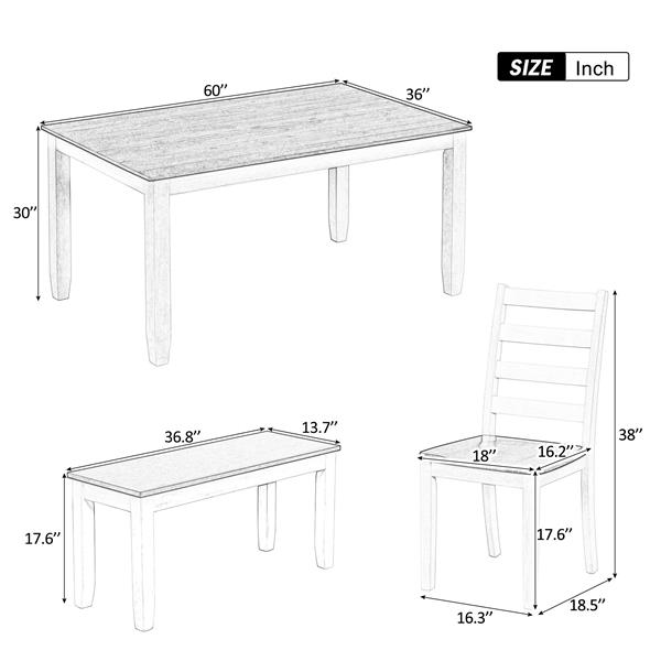 Rustic Style 6-Piece Dining Room Table Set with 4 Ernomic Designed Chairs & a Bench (Walnut + Cottage White)