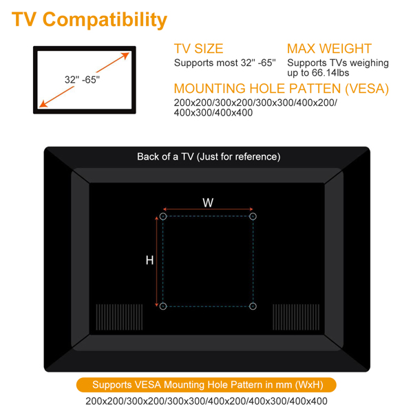 TV Wall Mount TV Wall Holder Bracket Support 32-65 inch Flat TV Max Hole Distance 400x400mm Hold Up To 30kg/66.14lbs