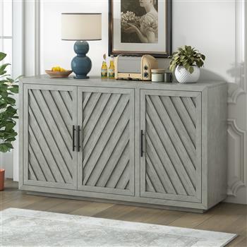 3-Door Large Storage Retro Sideboard with Adjustable Shelves and Black Handles for Kitchen, Dining Room and Living Room (Antique Gray)