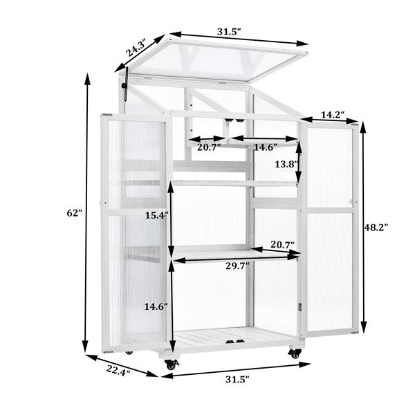 62inch Height Wood Large Greenhouse Balcony Portable Cold Frame with Wheels and Adjustable Shelves for Outdoor Indoor Use, White